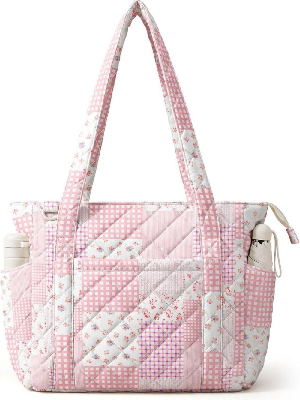 Floral Quilted Tote Bag for Women, Stylish Zippered Shoulder Bag for Work